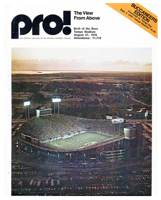 Sept. 4, 1976 pre-season game program between the Bucs and the Bengals shows view of Tampa Stadium on Aug. 21, 1976 for Bucs vs. Dolphins pre-season game