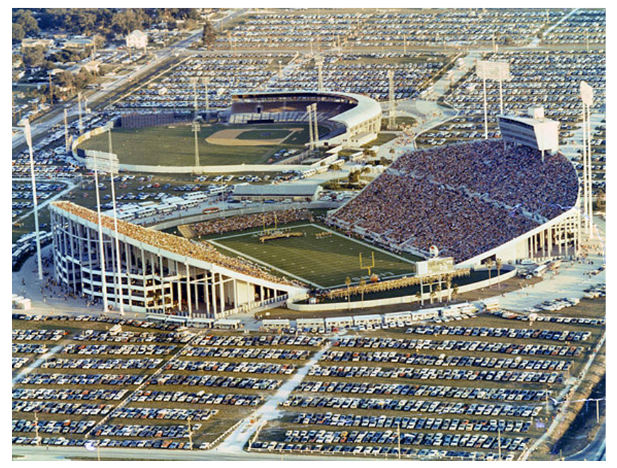 August 7, 1971, shows a then-record crowd of 51,214 at Tampa Stadium for a National Football League exhibition game between the New York Jets and Detroit Lions