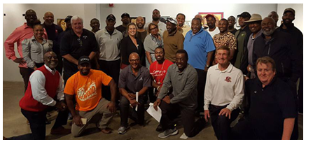 2017 NFLPA Former players meeting. Rader is in front far right, Bobby Howard far left and in group are SuperBowl, ProBowl and retired NFL players.