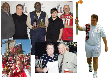 William P. Rader shown with Florida governor Lawton Chiles, carrying the Olympic Flame in Tampa Bay where he lite the start of the 4th of July Firework celebration and during the NFLPA Super Bowl party with Bobby Howard - former Tampa Bay Buccaneers player, Daniel Rader and Mark Goodman Super Fan