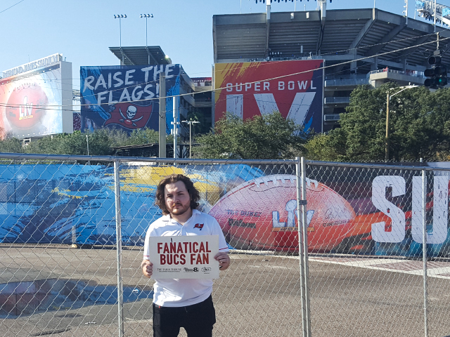 Super Fan Daniel Rader Super Bowl LV - 18 years later with same sign from Super Bowl XXXVII